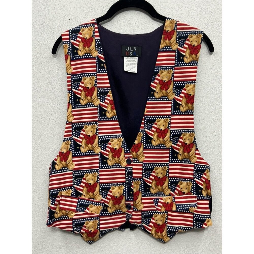 Vintage JLN Vest Womens Large Patriotic Bear Flag Ralph Lauren Look America